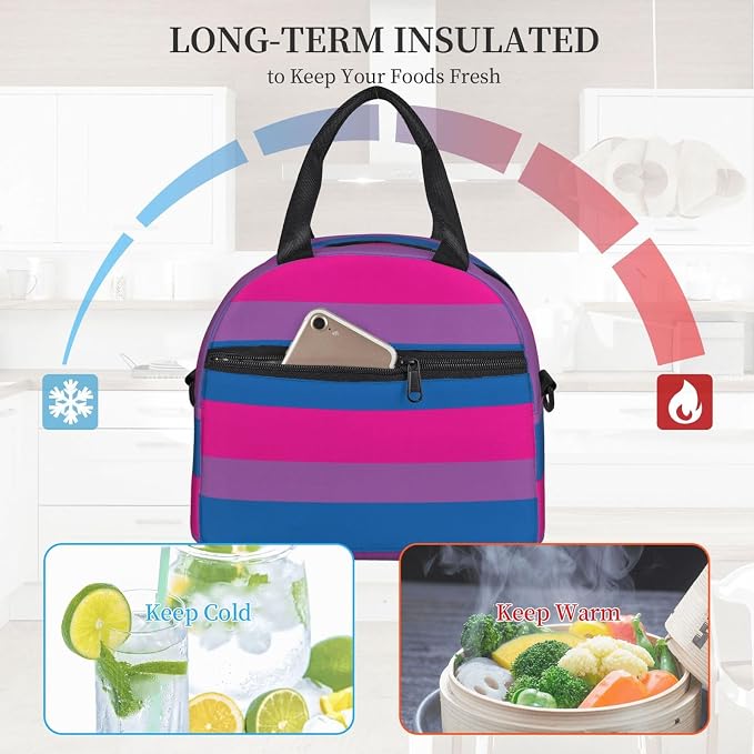 Bisexual Pride Flag Lunch Box Insulated Lunch Bag Portable Zipper Cooler Tote Bag Adult Bento Box for Women Men Reusable Meal Organizer with Adjustable Strap for Work Office Picnic Travel