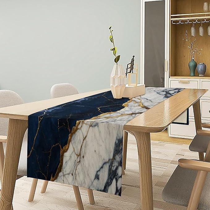 Marble Table Runner, Abstract Navy Blue White and Gold Modern Luxury Texture Printed Linen Table Runners for Living Room Kitchen Dining Room Party Holiday Home Decor 13" W x 72" L