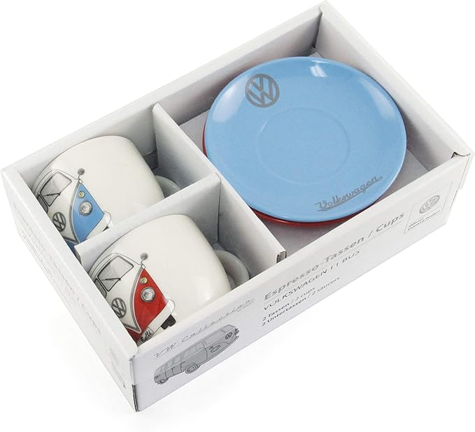 BRISA VW Collection - Volkswagen Espresso Cups Coffee-Tea-Cappuccino Set in T1 Bus Campervan Design (Bus Front/100ml/3.4 fl oz) (Set of 2 (red, blue))