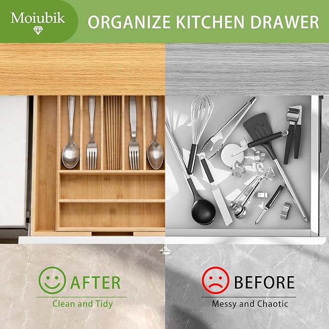Bamboo Expandable Silverware Drawer Organizer, Adjustable Utensil Tray Cutlery Holder for Kitchen Drawer, Flatware Storage Organizer for Spoons, Forks and Knives, Natural (7 Slot,)