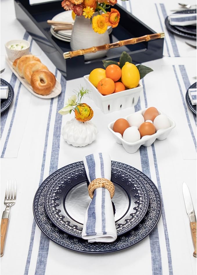 Solino Home Linen Table Runner 156 Inches Long - 100% Pure Linen Navy and White French Stripe Table Runner 14 x 156 Inch for Dining, Spring, Summer, 4th of July