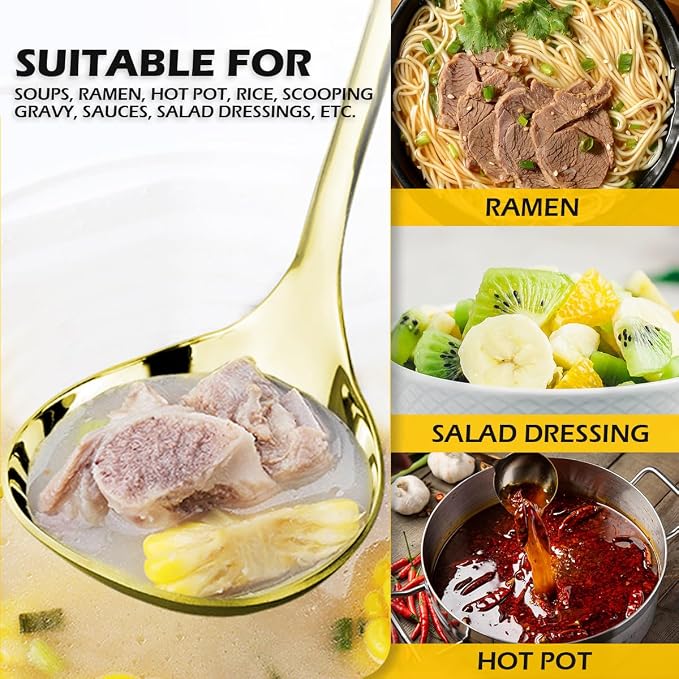 DOERDO 2Pack Stainless Steel Soup Spoons Small Ladle for Sauce Kitchen Table Serving Spoons, Gold, 7.5x2.3 Inch