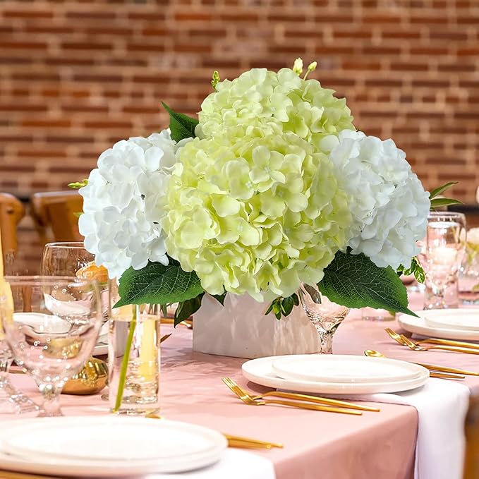 JINWOE Green Hydrangea Artificial Flowers, 5Pcs 20Inch Large Lifelike Faux Silk Flowers, Full Artificial Hydrangeas for Bouquet Table Centerpieces Indoor Spring Outdoor Home