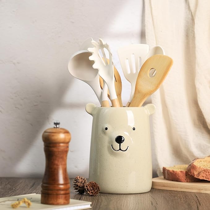 Ceramic Cartoon Animal Pattern Kitchen Utensil Holder, Large Cooking Utensil Crocks for Kitchen Countertop, Cartoon Style Utensil Organizer for Spatula, Kitchen, Home Decoration-Bear