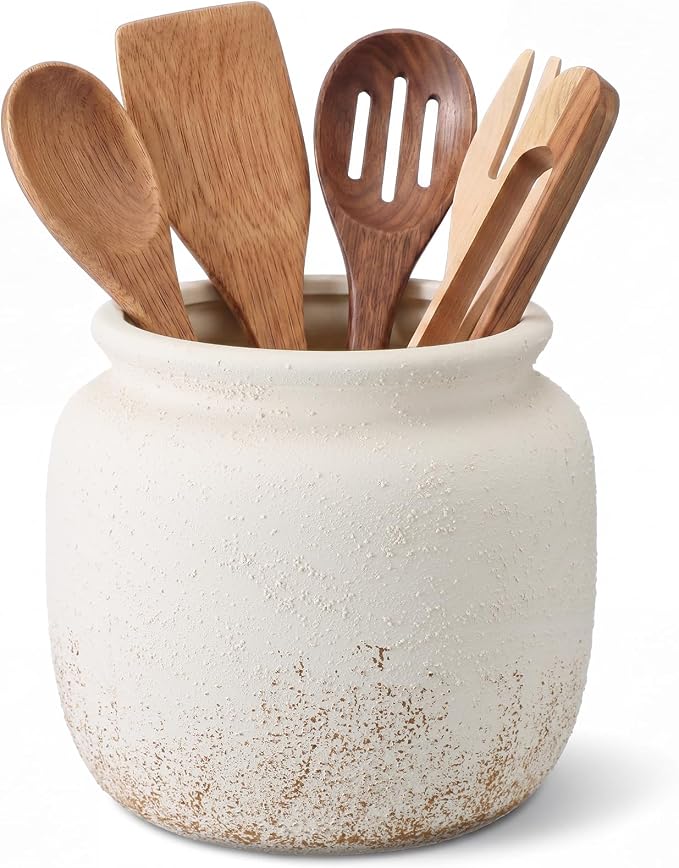 Qinyoung Rustic Kitchen Utensil Holder 6 Inch Small Ceramic Utensil Holder with Handle Vintage Beige Crock Decoration Spatula Organizer for Kitchen Countertop Farmhouse Party Supplies
