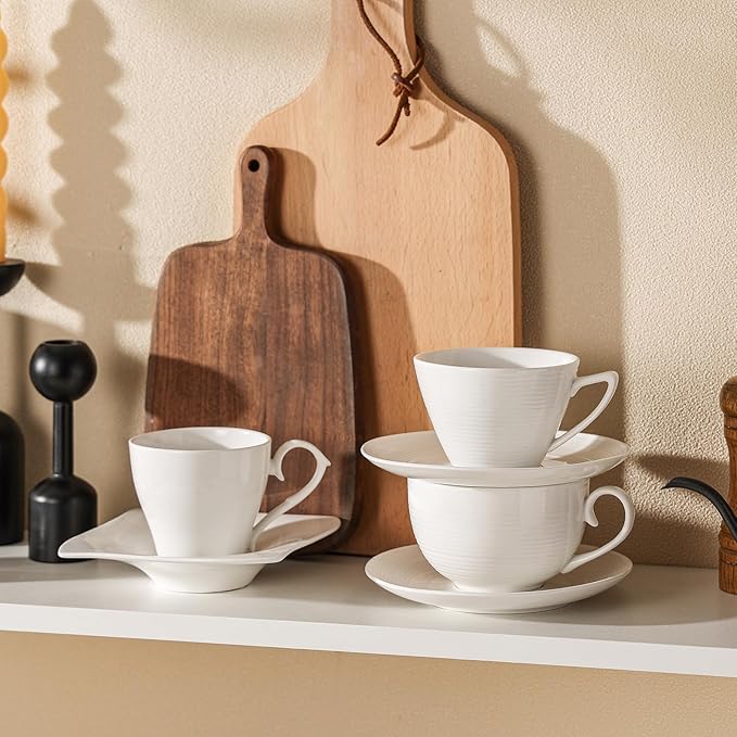 12 oz Cappuccino Cups with Saucers, Ceramic Espresso Coffee Cups Set of 4, White Latte Cup and Saucer, Elegant Tea Mugs Set, Microwave Dishwasher Safe Drinkware for Cafe, Housewarming Gift