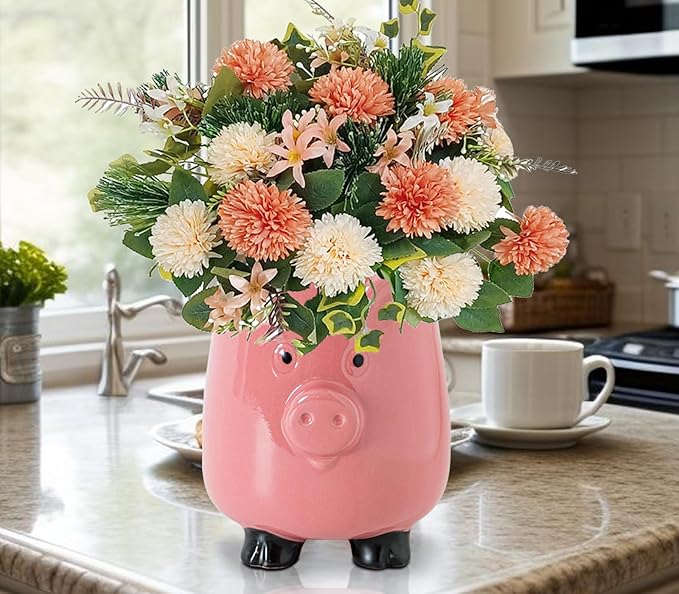 Pig Ceramic Kitchen Utensil Holder For Kitchen Counter Pink Utensil Crock For Countertop, Cute Farmhouse Kawaii Storage Organizer For Forks, Spoons & Cooking Tools
