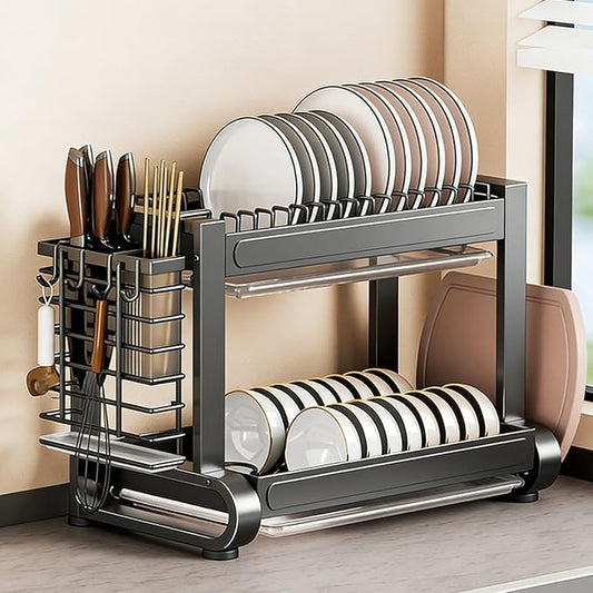 JHDXL Over Sink Dish Drying Rack, 2/3-Tier Stainless Steel Dish Rack, Multifunctional Metal Counter Shelf, Stable Load-Bearing, for Plates, Bowls, and Pots(Black 1,55.5cm/21.9in)