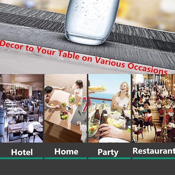 Placemats, Washable PVC Table Mats, Woven Vinyl Placemat for Dining Table Place Mats Set (6 Placemats and 1 Table Runner, Black and Grey)