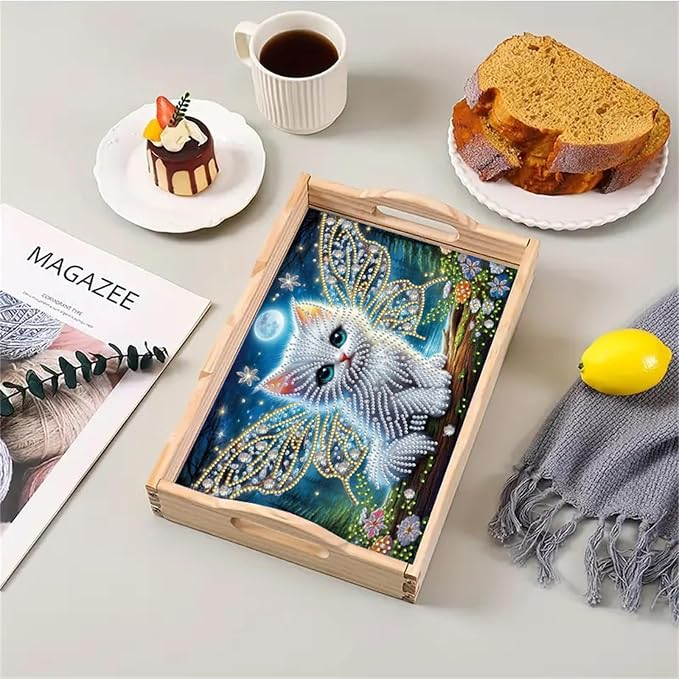 DIY Diamond Serving Tray with Handle Handmade Diamond Art Painting Wooden Rectangular Breakfast Tray for Dinner Plate Coffee Room Living Home Organizer-Cat02