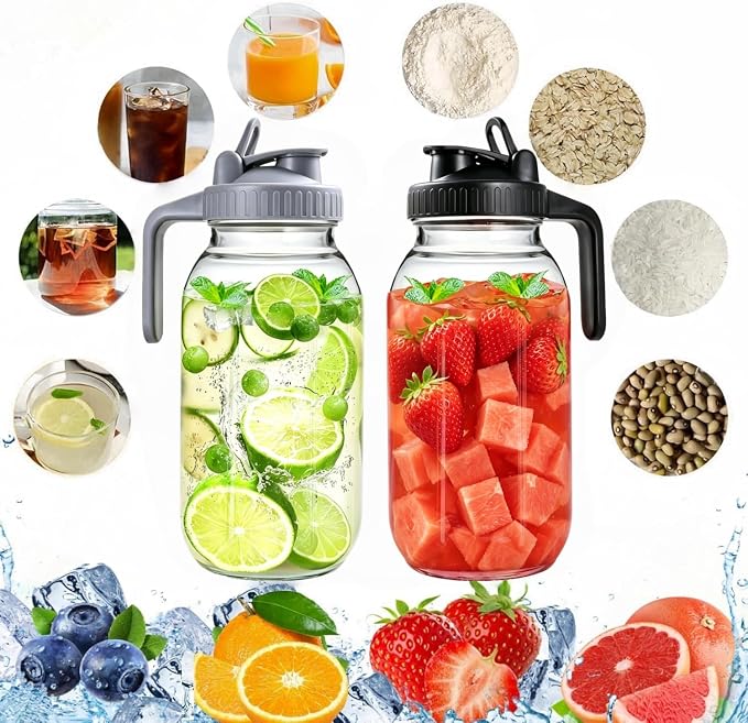 2 Pack 64 oz Glass Pitcher With Lid, Mason Jar Pitcher, 2 Quart Breast Milk Pitcher Jug with Flip Cap Leak Proof, Glass Sun Tea Jar for Ice Tea, Cold Brew Coffee, Breast Juices