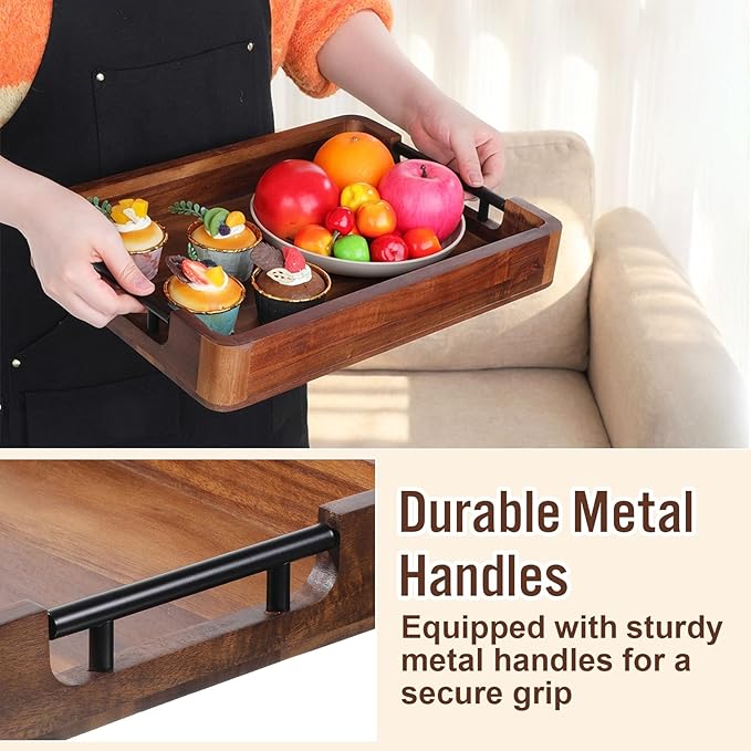 Wood Serving Tray with Handles, 16"x12" Large Acacia Wood Ottoman Tray for Living Room, Rustic Decorative Storage Trays, Decorative Trays for Home Decor, Charcuterie Boards Rectangular Platters