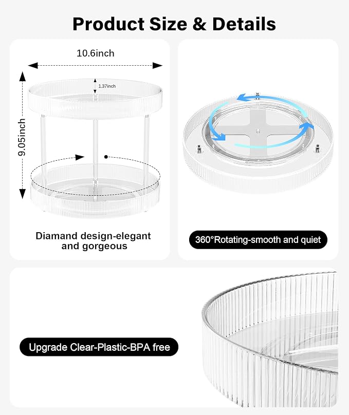 Acina 2-Tier Bathroom Countertop Organizer: 360° Clear Lazy Susan Rotating Storage Tray - Spinning Perfume Cosmetics Vanity Shelf for Bathroom Cabinet, Kitchen (Large)