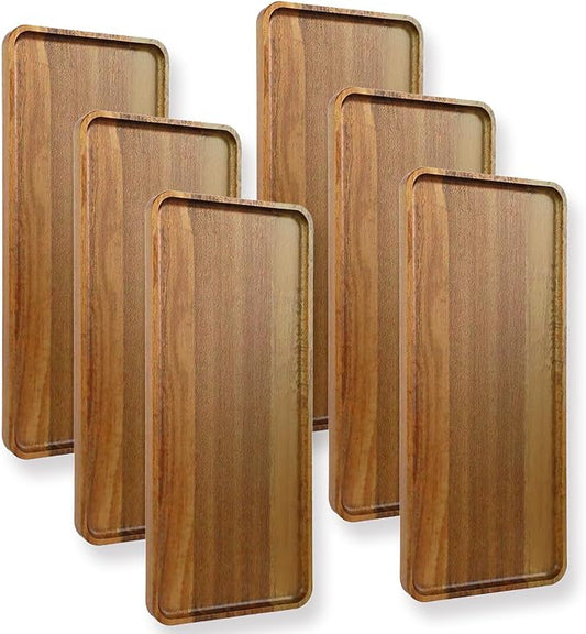 6Pcs Acacia Wooden Serving Tray - Wooden Charcuterie Board - Rectangle Wood Platter for Serving Food, Fruit & Cheese Board Wood Dessert Trays (6, 14"x5.5"x0.6")