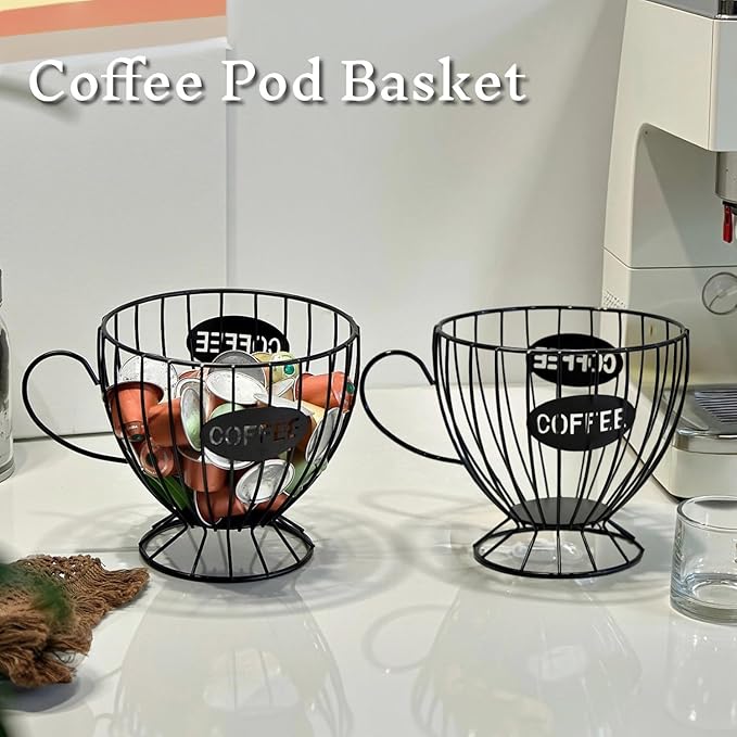 Metal Coffee Pod Holder Wire Coffee Pods Storage Basket Espresso Capsule Storage for Home Kitchen Cafe Hotel (Black cup)