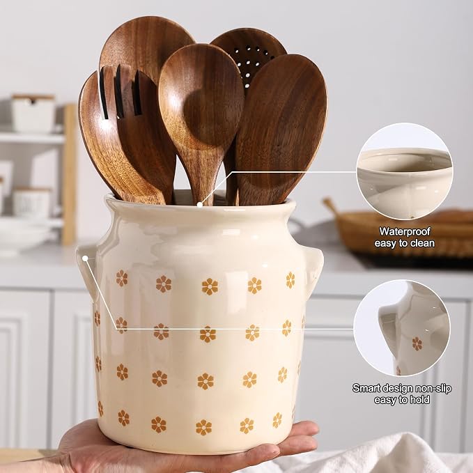 Ceramic Farmhouse Kitchen Utensil Holder for Countertop, Rustic Cooking Utensil Holder Crock Fit for Kitchen Counter. Daisy Pattern 5.3 x 5.3 x 6.8 IN