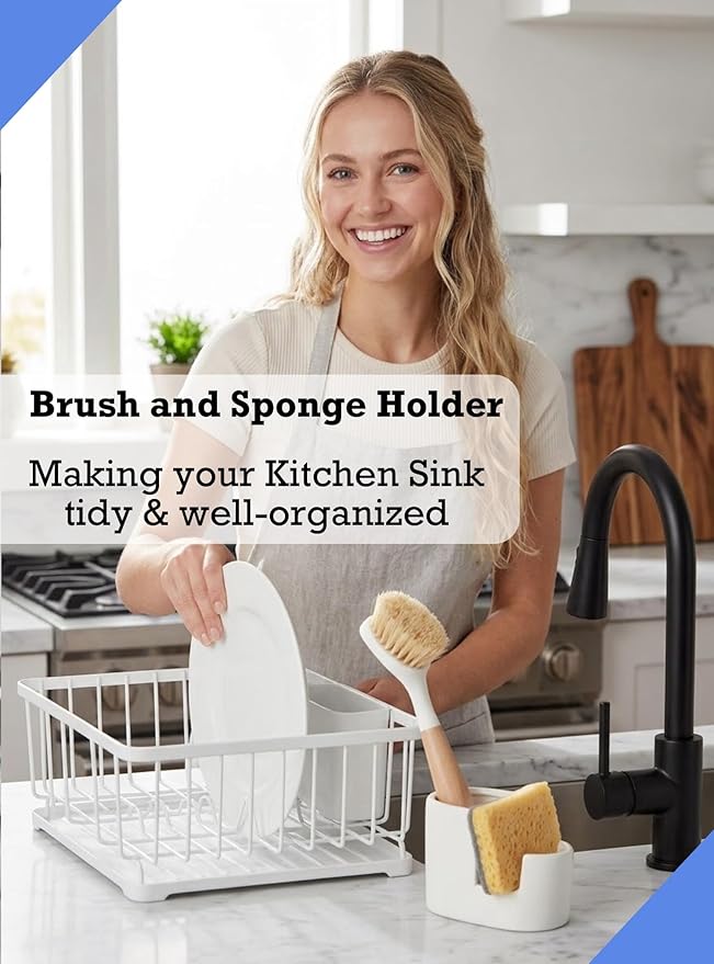 Ceramic Sponge Holder for Kitchen Sink, 2-in-1 Sponge & Brush Organizer, Compact Sink Caddy with Raised Edge to Catch Drips, Keeps Countertops Dry, Dishwasher Safe, Rustproof, White