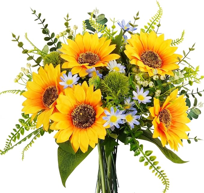 HUAESIN 15" Sunflowers Artificial Spring Flowers Bouquets Grave Flowers for Cemetery Faux Silk Flower Arrangements for Vase Home Kitchen Table Centerpieces Wedding Party Summer Decor