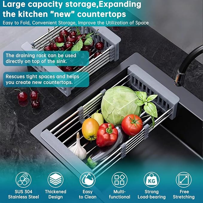 Expandable Dish Drying Rack Over The Sink, Stainless Steel Drainer Basket with Adjustable Arms for Dishes, Vegetable and Fruit (Grey)