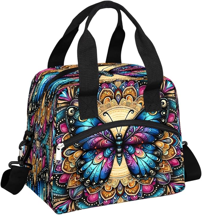 Butterfly Boho Colorful Insulated Lunch Bags for Women Girls Adult Ethnic Reusable Lunch Tote Therma Cooler Bag with Shoulder Strap Lunch Box for School Work Office Picnic Meal Prep Bag