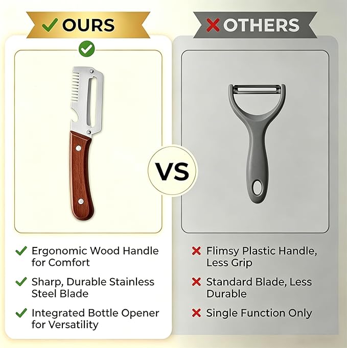 Multi-Functional Vegetable Peeler for Kitchen with Wooden Handle and Bottle Opener, 3 in 1 Stainless Steel Green Onion Slicer Kitchen Tool for Fruit Potato Pumpkin Apple carrot Papaya, Non-Slip Handle