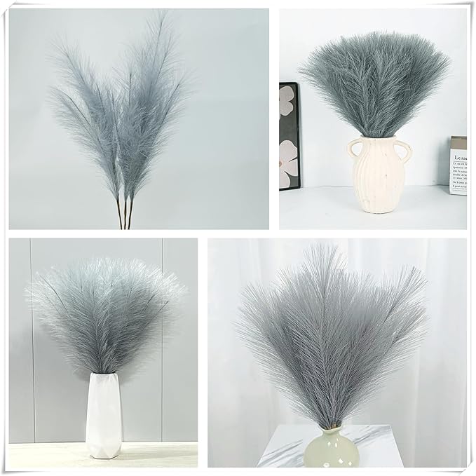 Fake Pampas Grass Artificial Fluffy Flowers Gray - 17 Inch 30 Pcs, Vase Filler Plant for Home Decor Faux Pampas Grass Stem Reeds Floral Plants Wedding Branches Party Christmas DIY Boho Decoration Grey