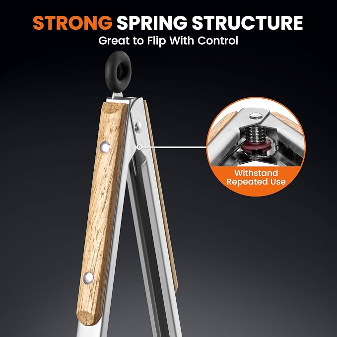 17-Inch Grill Tongs - Locking Metal Tongs with Oak Wood Handles,Stainless Steel Kitchen Tongs for Cooking,Long Tongs for Grilling,BBQ,Serving and Outdoor Barbecue,Heavy Duty,Heat-Resistant and Durable