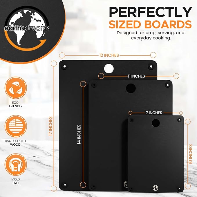Earth's Dreams Composite Wood Cutting Board Set of 3 – Dishwasher Safe, Non-Toxic Cutting Boards for Kitchen – Extra Large, Large & Small Non-Slip Wood Charcuterie & Chopping Boards (Black)