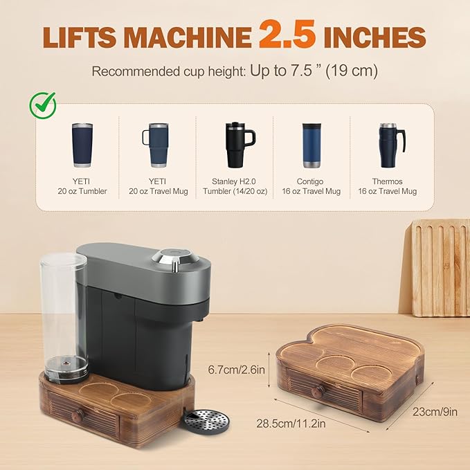 Riser Stand for Nespresso Vertuo Pop+, with Coffee Pod Drawers Organizer - Elevated Base Fits Tall Mugs (Up to 7.48" H), Coffee Station for YETI Rambler & Stanley 20oz Cups - For Pop+ ONLY (Not Pop) Brown
