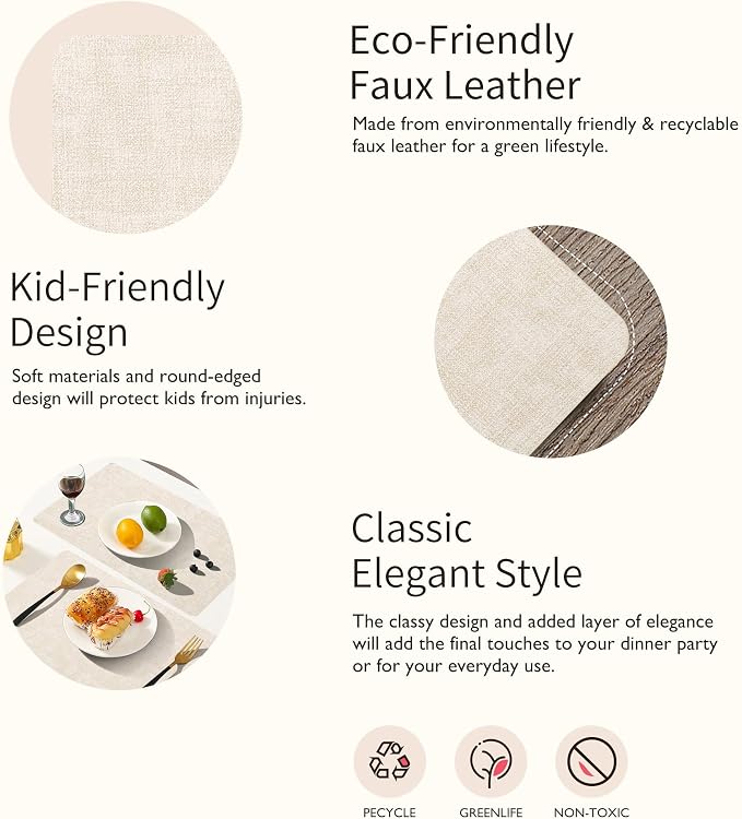 Maxpearl Faux Leather Placemats Set of 8 – Waterproof, Wipe Clean, Heat Resistant, Non-Slip Dining Table Mats for Indoor & Outdoor Use, 17”×12”, Beige