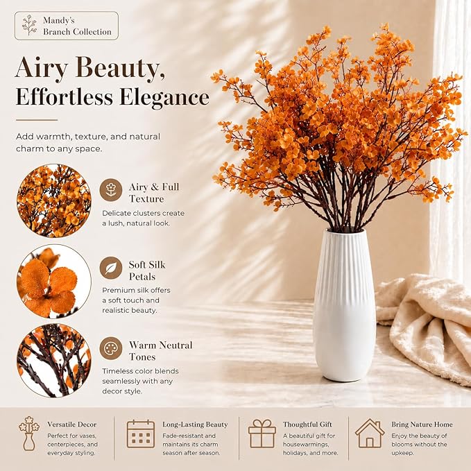 Mandy's Orange Artificial Baby’s Breath Flowers 6 Bundles Silk Gypsophila, 18.5 Inch European Style Modern Home Decor Centerpiece, Neutral Wedding Flower Arrangements