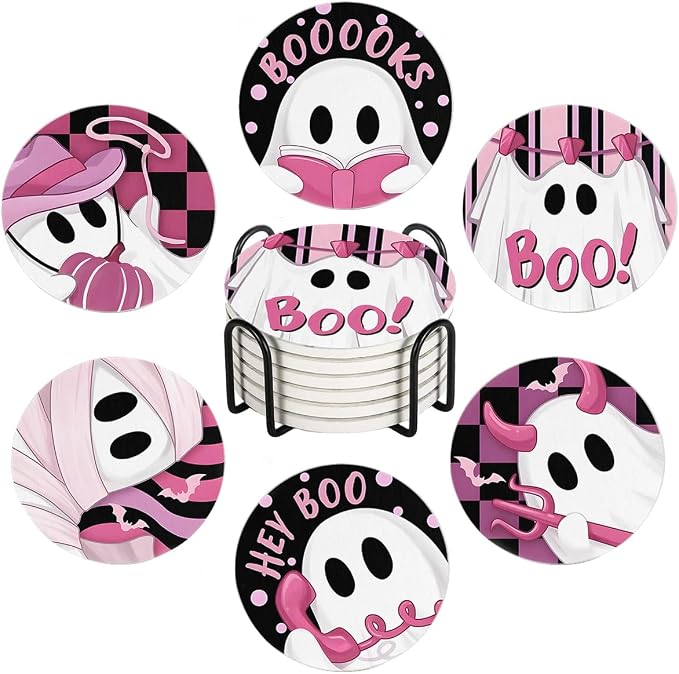 Drink Coasters for Drinks Set of 6, Pink and Black Cute Ghosts Absorbent Round Ceramic Stone Mat Coaster, with Cork Base and Metal Holder, Home Bar Decor House Warming Gift
