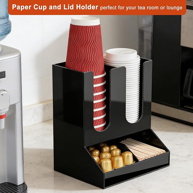 MYITYARD Coffee Cup Holder, 2-Tier Cup and Lid Organizer fits 5 to 16oz Paper Cups, Acrylic Condiment and Cup Storage Organizer, Coffee Station Organizer for Pods, Syrup, Stirrer, 4 Compartments
