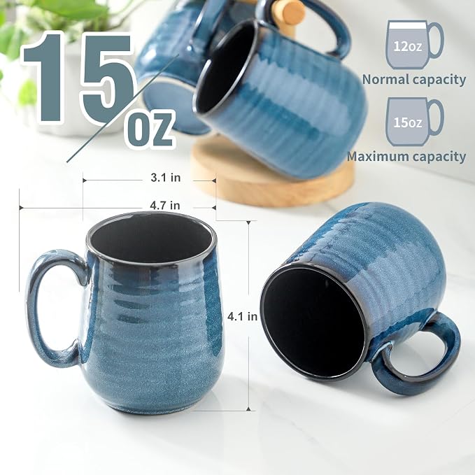 Coffee Mugs Set of 4,Ceramic 15 OZ Coffee Cups with Big Handle,Large Tea Cups for Hot Beverages,Yogurt,Cappuccino,Latte,Gift for Mom and Dad,Dishwasher Safe & Microwave Safe,Navy Blue