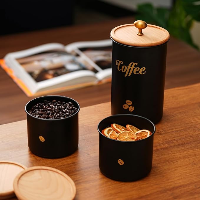 Coffee Canister, 3 pack Large Airtight Coffee Bean Storage Container, Café Grounds Container, Cafe Jar Cafe Holder, Food Storage Container for Flour, Sugar, Tea (Black)