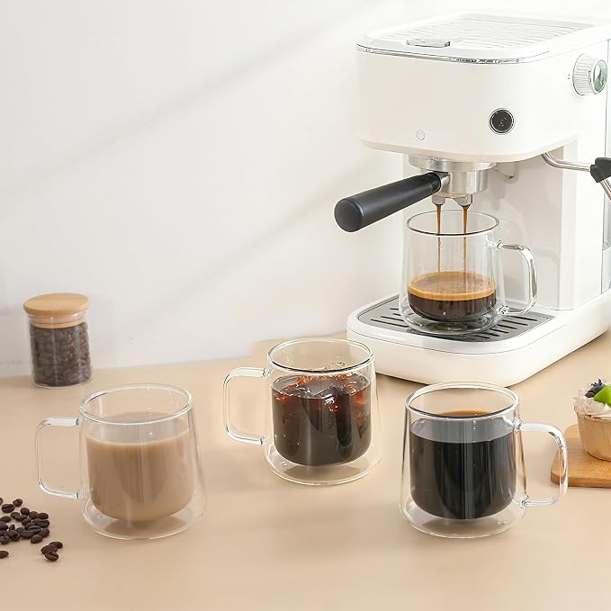 Aurzen 13oz Glass Coffee Mugs,Double Wall Insulated Glass Cups with Handle,Clear Espresso Mugs for Latte,Cappuccino,Tea Bag (4, 13oz)
