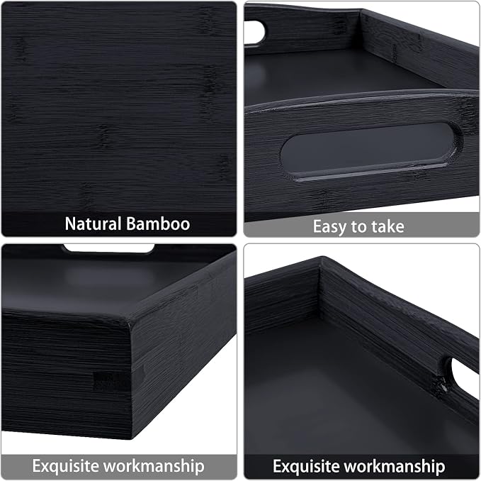 3 Pack Bamboo Serving Trays with Handles, Rectangular Kitchen Food Tray for Eating, Dinner Trays for Eating on Couch, Wood Serving Platter for Breakfast, Tea, Bar, Restaurant, Party or Bed (Black)