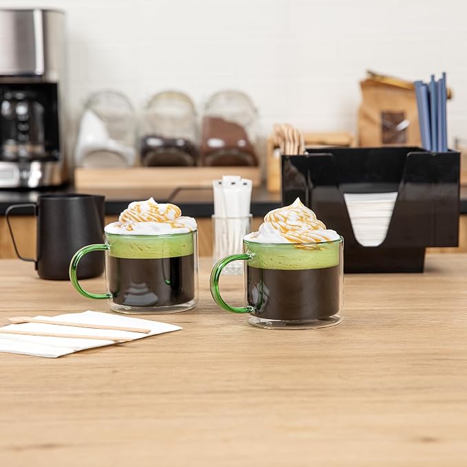 Restaurantware Coffee Cups 2 Pack of 11 oz Double Wall Glass Insulated Coffee Cup Borosilicate Mug Thermal Shock Resistant Handle Modern Design
