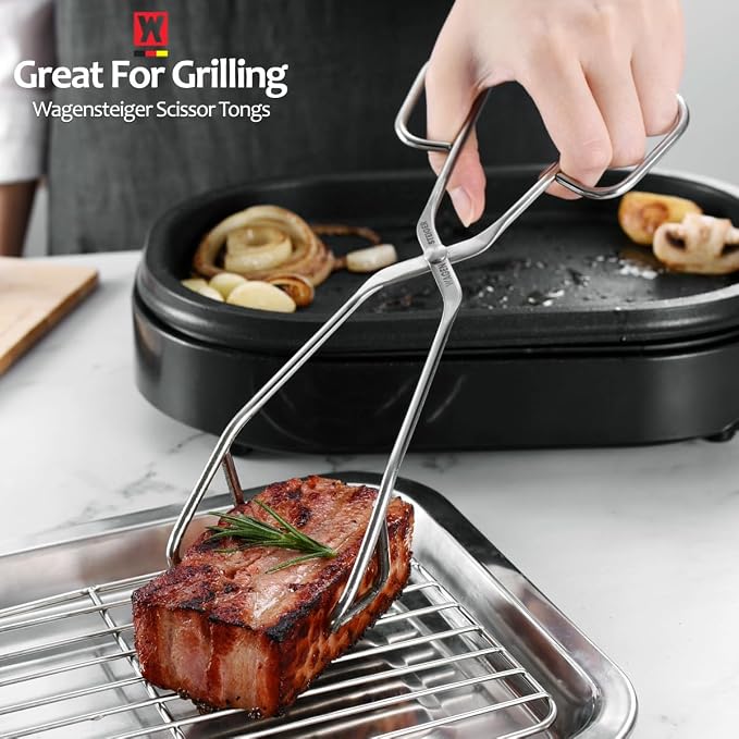 WAGENSTEIGER Scissor Tongs: 9.5 Inch Heavy Duty Stainless Steel Kitchen Tongs Comfortable Ergonomic Grip, Heat Resistant for BBQ and Cooking, Grilling Turning meats, Serving Pasta, Imprinted Grippers