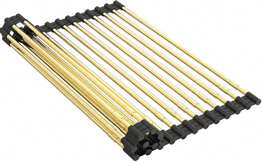 Expandable Roll Up Dish Drying Rack, Adjustable Large Over The Sink Rack Draining Rack (Max Extends to 21.25”) for Stainless Steel Sink Rack, Collapsible Rolling Up Rack 18 Tube for Kitchen, Gold