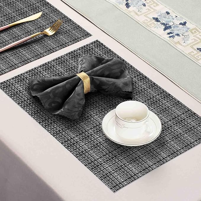 AHHFSMEI Placemats Set of 6 Washable Woven Vinyl Placemats for Dining Table Heat Resistant Non-Slip Stain Resistant Table Mats for Kitchen & Home Decor(Linen Black,6)