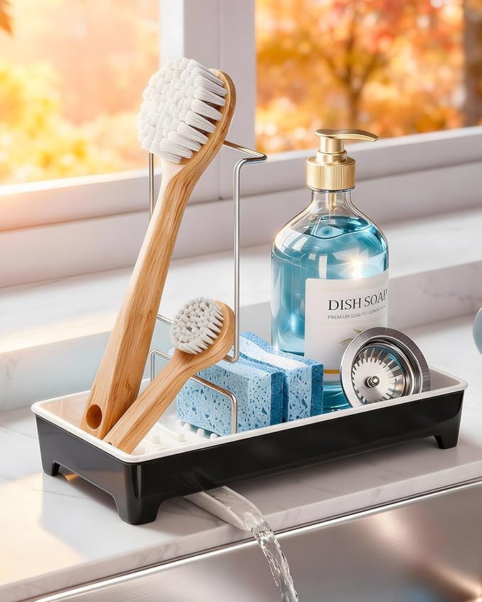 Minimalist Sink Caddy, Rustproof Sponge Holder for Kitchen Sink with 304 Stainless-Steel Brush Holder, Countertop Rack Organizer with Raised Ridges & Silicone Drain Tube (Black, Large)