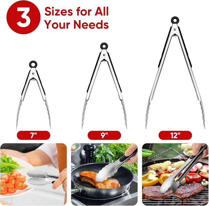Stainless Steel Tongs Set, Food Grade Stainless Steel Kitchen Tongs, Heat Resistant 600 Degrees, for Cooking, BBQ Barbecue, Grilling, Buffet, Serving (7"+9"+12") | For Cooking/Serving/Grilling | Heat-Resistant | Dishwasher Safe