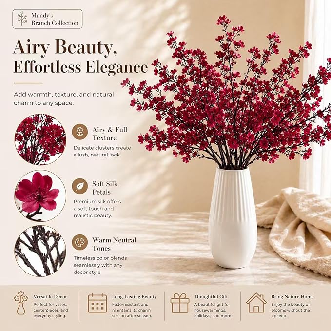 Mandy's Burgundy Artificial Baby’s Breath Flowers 6 Bundles Silk Gypsophila, 18.5 Inch European Style Modern Home Decor Centerpiece, Neutral Wedding Flower Arrangements