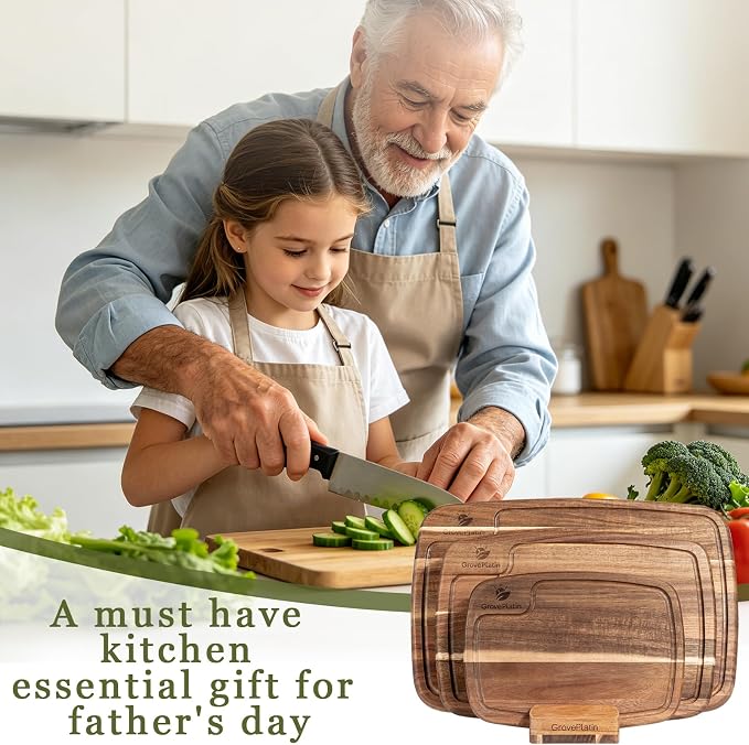 Acacia Wood Cutting Boards for Kitchen (Set of 3), Heavy Duty Chopping Board with Deep Juice Groove, Reversible Designed, Storage Stand & Oiling Brush