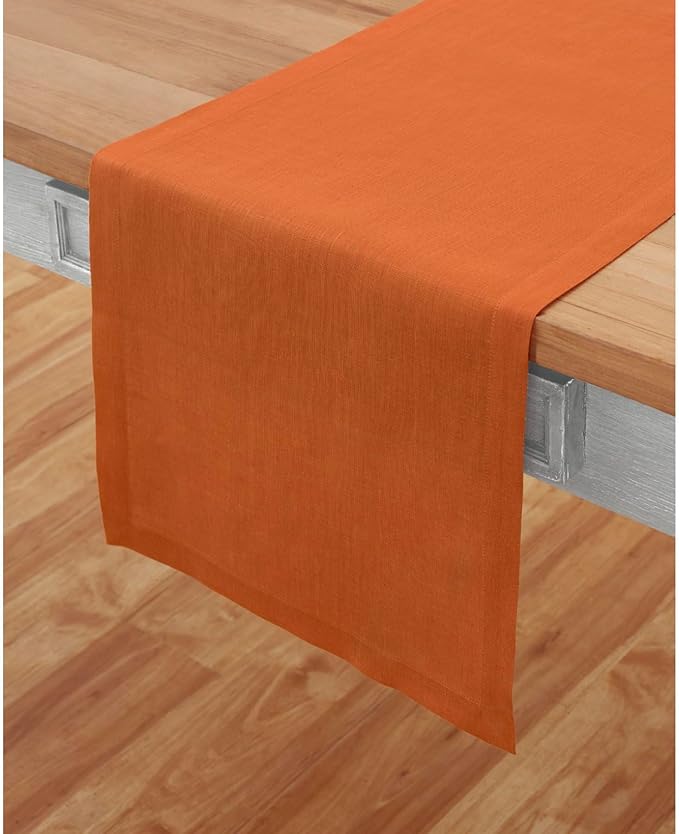 Solino Home Linen Pumpkin Table Runner 48 Inches - 100% Pure Linen Farmhouse Short Table Runner 14 x 48 Inch Ideal for Dresser and Coffee Tables - Fete