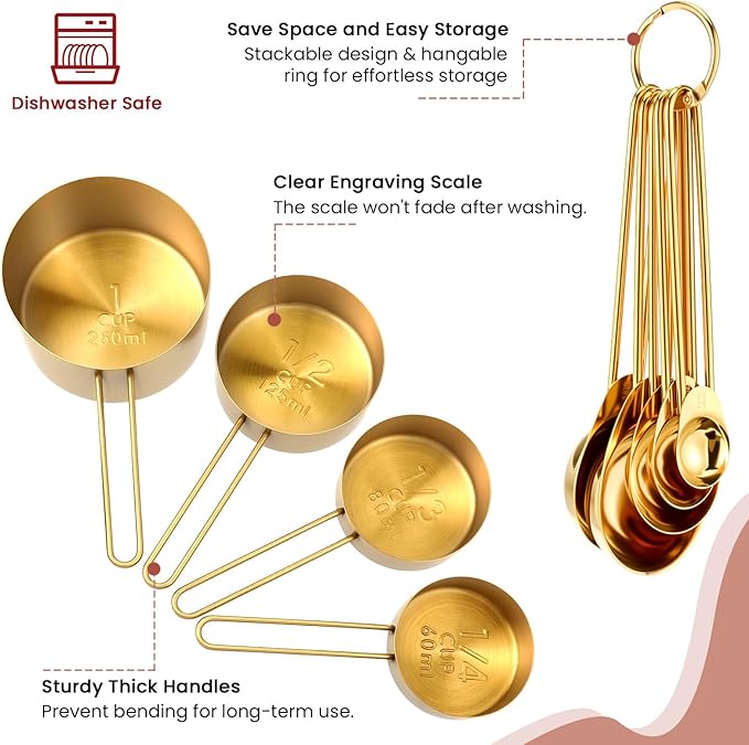 Giantree 9PCS Stainless Steel Gold Measuring Cups And Spoons Set, Metal Stackable & Long Handle Measuring Cups Measuring Spoons Set Durable Rust-Proof for Kitchen Baking Cooking
