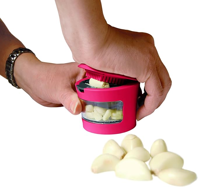 Garlic Perfection Press, Crusher, Mincer, and Storage Container - Easy to Clean - Stainless Steel Blades - Red