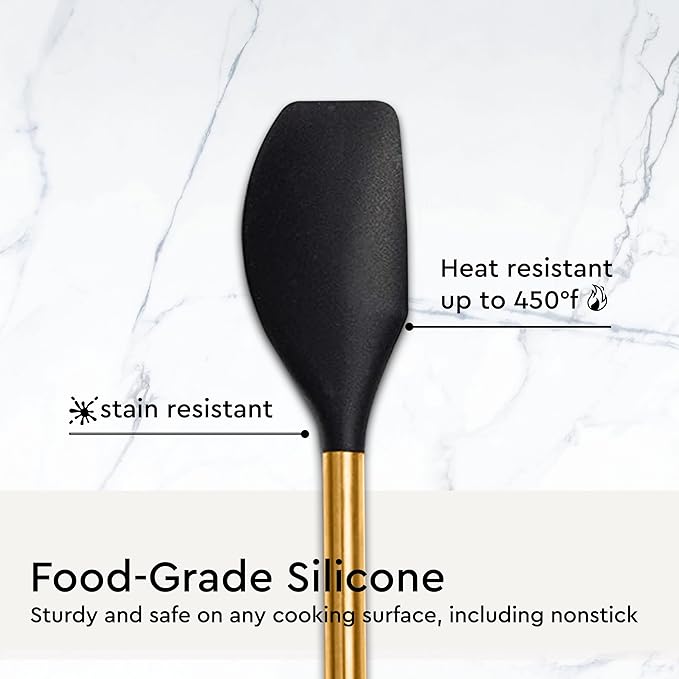Black and Gold Kitchen Utensils Set - 6-PC Silicone Utensils Set Include Tongs, Whisk, Serving Spoon, Spatula, and Turner for Stylish Cooking and Baking - Black and Gold Kitchen Accessories and Decor