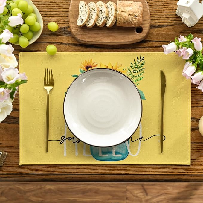 Artoid Mode Yellow Hello Sunshine Sunflower Summer Placemats Set of 6, 12x18 Inch Seasonal Spring Table Mats for Party Kitchen Dining Decoration